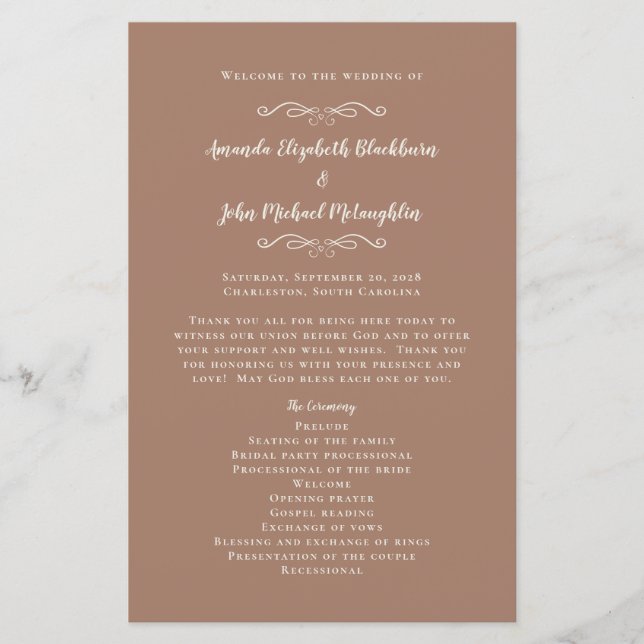 Elegant Weddings Mocha Modern Ceremony Programs (Front)