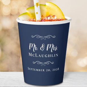 Elegant Weddings Mr & Mrs Couple Chic Blue & White Paper Cups