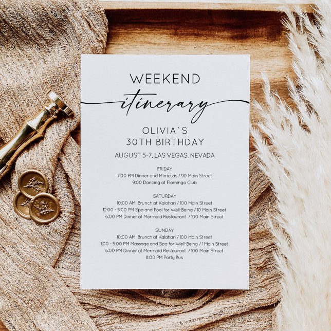 Elegant Weekend Birthday Itinerary Invitation (Birthday Bridal Shower Weekend Itinerary Card)