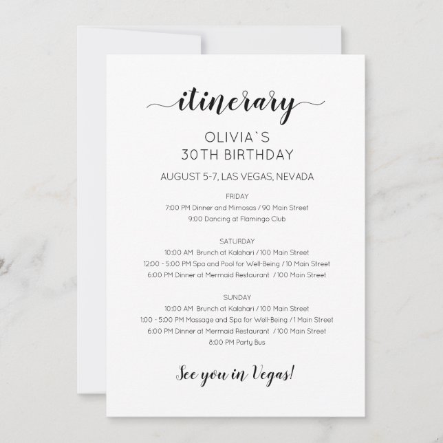 Elegant Weekend Birthday Itinerary Invitation (Front)