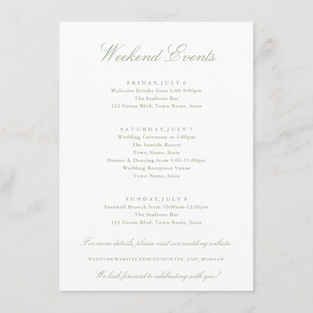 Elegant Weekend Events Sage Green Wedding Enclosure Card (Front)