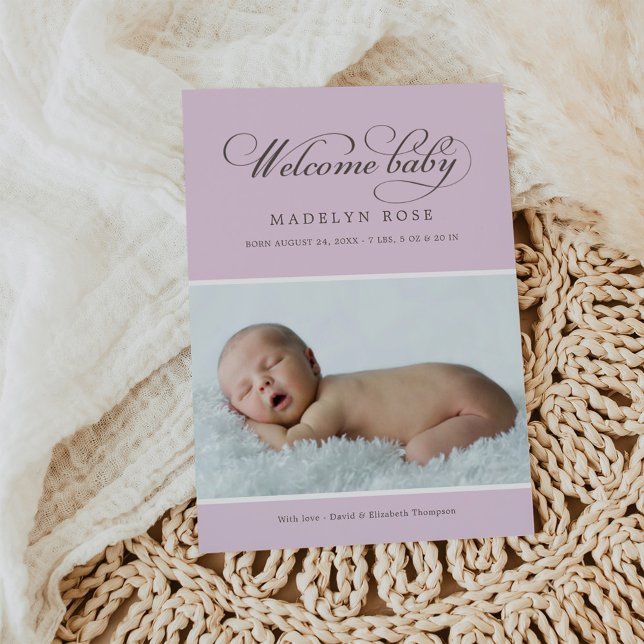 Elegant Welcome Baby Girl Lavender Photo Birth Announcement (Creator Uploaded)
