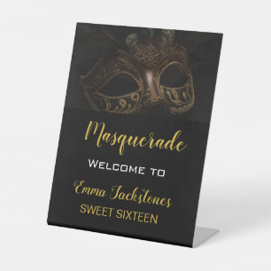 Elegant Welcome Gold Black Masquerade Birthday Pedestal Sign