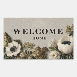 Elegant "Welcome Home" Greeting with Botanical Art Rectangular Sticker