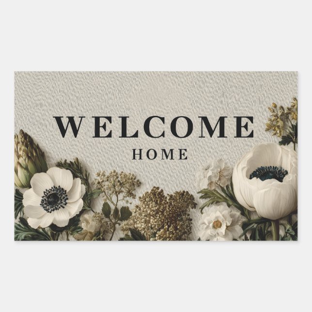 Elegant "Welcome Home" Greeting with Botanical Art Rectangular Sticker (Front)