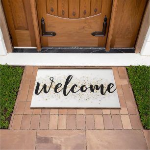Elegant Welcome Sign in Black Script with Glitter Doormat