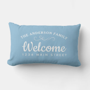 Elegant Welcome Sky Blue Personalised Family Name Lumbar Cushion