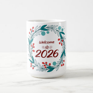 Elegant Welcome to 2026 – Festive Laurel Wreath Coffee Mug