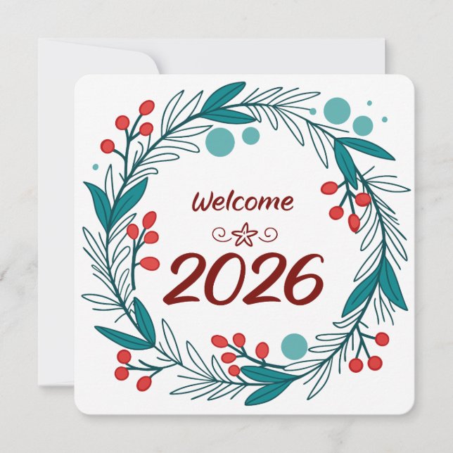 Elegant Welcome to 2026 – Festive Laurel Wreath  Invitation (Front)