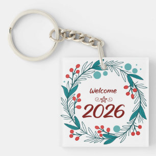 Elegant Welcome to 2026 – Festive Laurel Wreath  Key Ring