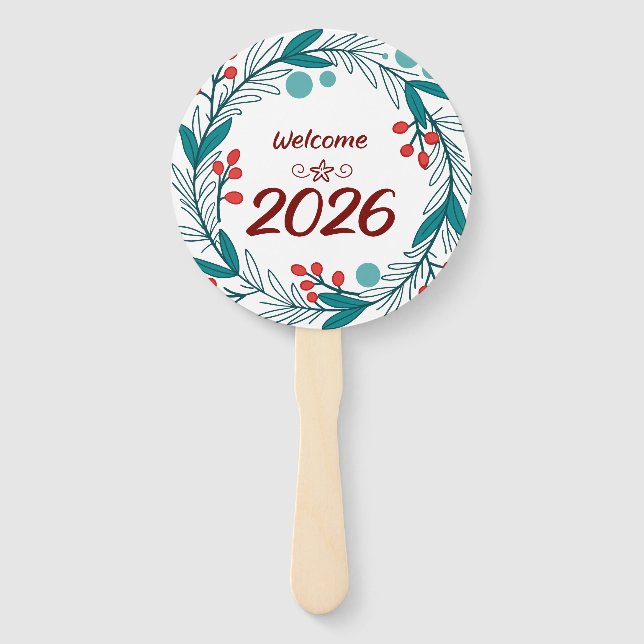 Elegant Welcome to 2026 – Festive Laurel Wreath Ne Hand Fan (Front)