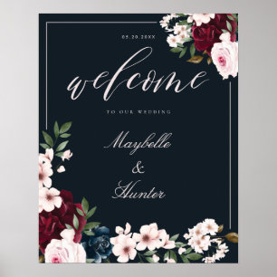 Elegant Welcome Watercolor Burgundy & Navy Floral Poster