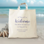 Elegant Welcome Wedding Guest Favours Periwinkle Tote Bag<br><div class="desc">Elegant, classic wedding guest favour bag features a chic design in trendy periwinkle blue on a transparent background that showcases the natural background material & colour. This modern simple design provides timeless, classic sophistication. Personalise the names of the couple and event date in elegant periwinkle lettering and script. These are...</div>