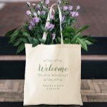 Elegant Welcome Wedding Guest Favours Sage Green Tote Bag<br><div class="desc">Elegant, classic wedding guest favour bag features a chic design in rustic sage green on a transparent background that showcases the natural background material & colour. This modern simple design provides timeless, classic sophistication. Personalise the names of the couple and event date in elegant green lettering and script. These are...</div>