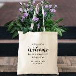 Elegant Welcome Wedding Hotel Guest Favour Black Tote Bag<br><div class="desc">Elegant, classic wedding guest favour bag features a chic design in sophisticated black on a transparent background that showcases the natural background material & colour. This modern simple design provides timeless, classic sophistication. Personalise the names of the couple and event date in elegant lettering and script. These are a perfect...</div>