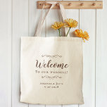Elegant Welcome Wedding Hotel Guest Favour Brown Tote Bag<br><div class="desc">Elegant, classic wedding guest favour bag features a chic design in trendy brown on a transparent background that showcases the natural background material & colour. This modern simple design provides timeless, classic sophistication. Personalise the names of the couple and event date in elegant rustic brown lettering and script. These are...</div>