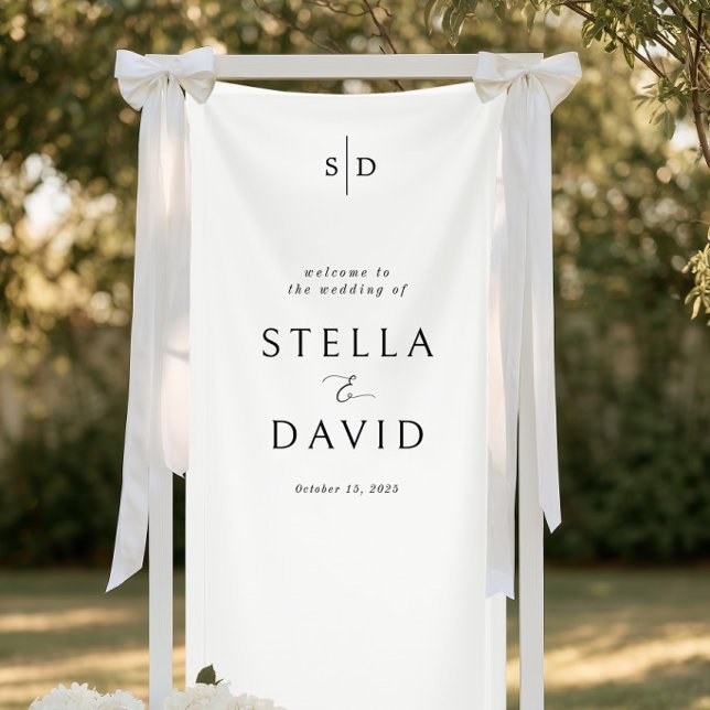 Elegant Welcome Wedding Monogram Decor Banner (Minimalist Black and White Wedding Welcome with Monogram Vinyl Banner)