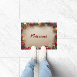 Elegant Welcome with Red Gold Christmas Ornament Doormat