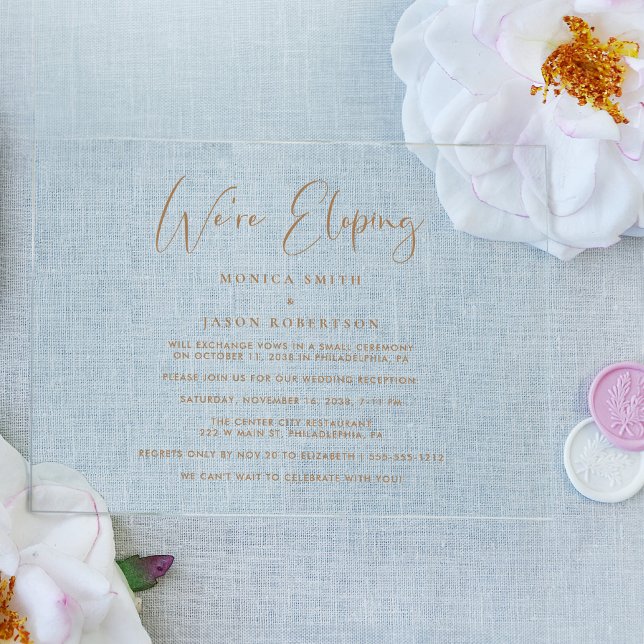 Elegant We're Eloping Gold Wedding Reception Acrylic Invitations (Creator Uploaded)