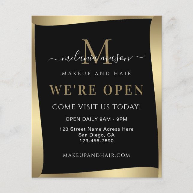 Elegant We're Open Salon Black Gold Minimalist Flyer (Front)