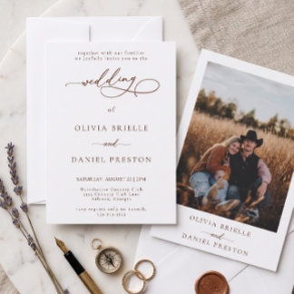 Elegant western Calligraphy Rustic Photo Wedding Invitation
