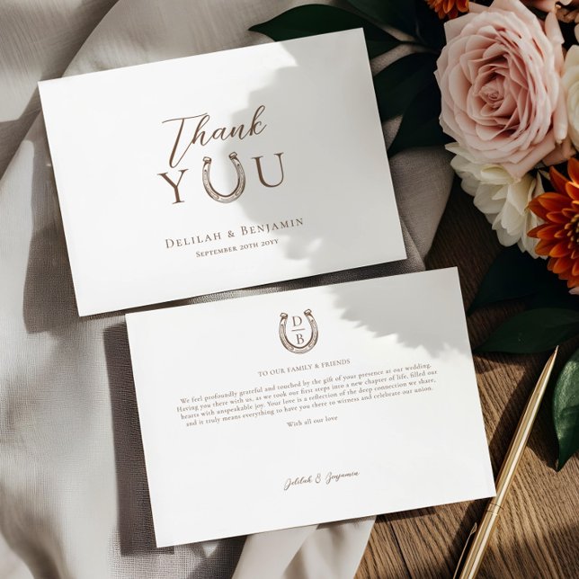 Elegant Western Rustic Wedding Horseshoe Monogram  Thank You Card (Elegant Western Rustic Wedding Horseshoe Monogram Thank You Card)