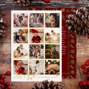 Elegant What A Year 12 Photo Snowflakes Message Foil Holiday Card