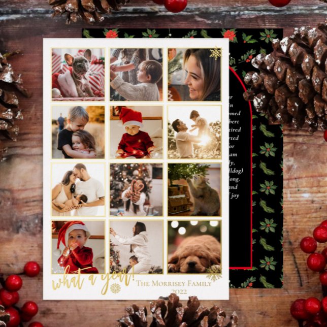 Elegant What A Year 12 Photo Snowflakes Message Foil Holiday Card (Creator Uploaded)