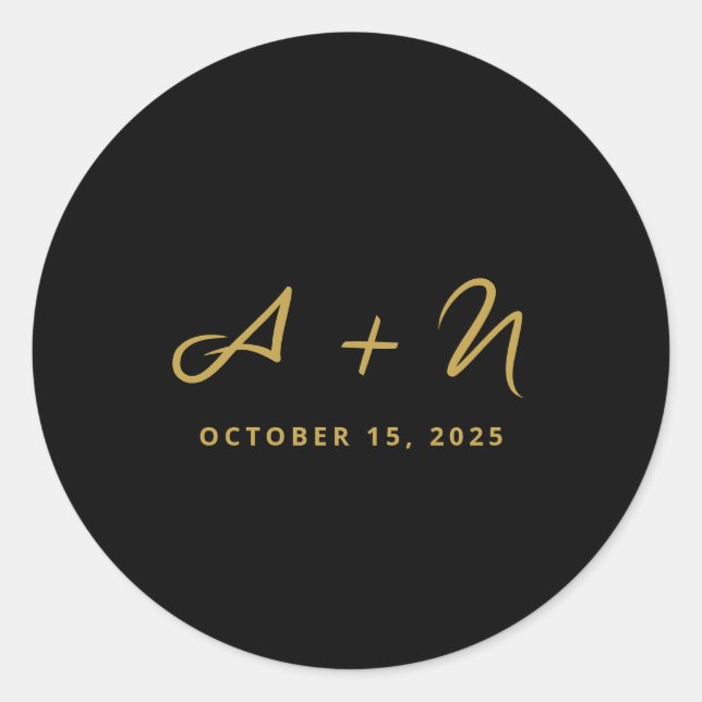 Elegant Whimsical Black and Gold Monogram Wedding Classic Round Sticker (Front)
