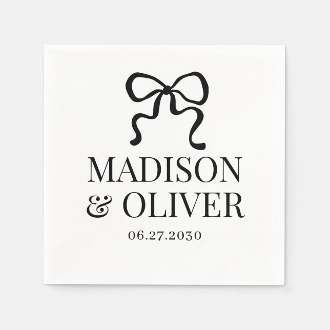 Elegant Whimsical Black Bow Monogram Wedding Napkin (Front)