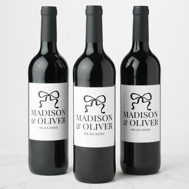 Elegant Whimsical Black Bow Monogram Wedding Wine Label (Bottles)