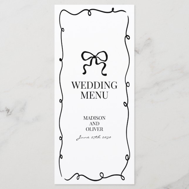 Elegant Whimsical Black Bow Tie Monogram Wedding Menu (Front)