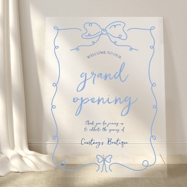 Elegant Whimsical Blue Bows Transparent Event Acrylic Sign (Elegant hand-drawn business acrylic welcome sign with handwritten style fonts on a transparent sign)