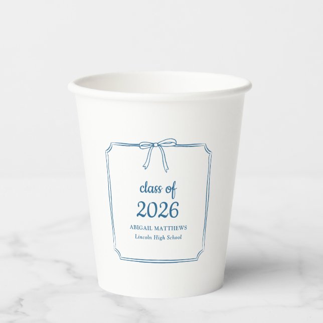 Elegant Whimsical Bow Blue Custom Graduation Favou Paper Cups (Front)