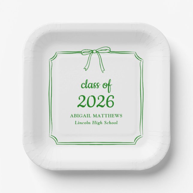 Elegant Whimsical Bow Green Custom Graduation Paper Plate (Front)