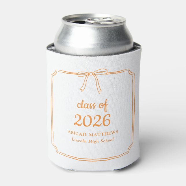 Elegant Whimsical Bow Orange Custom Graduation Can Cooler (Can Front)