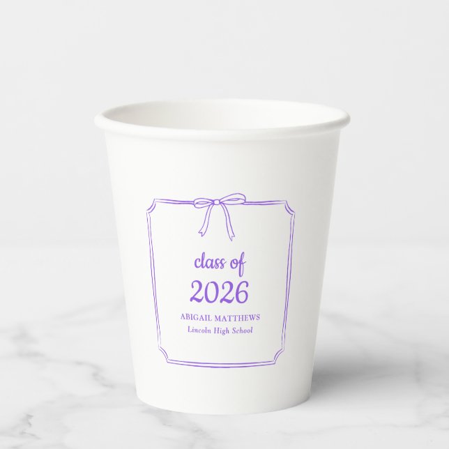 Elegant Whimsical Bow Purple Custom Graduation Paper Cups (Front)