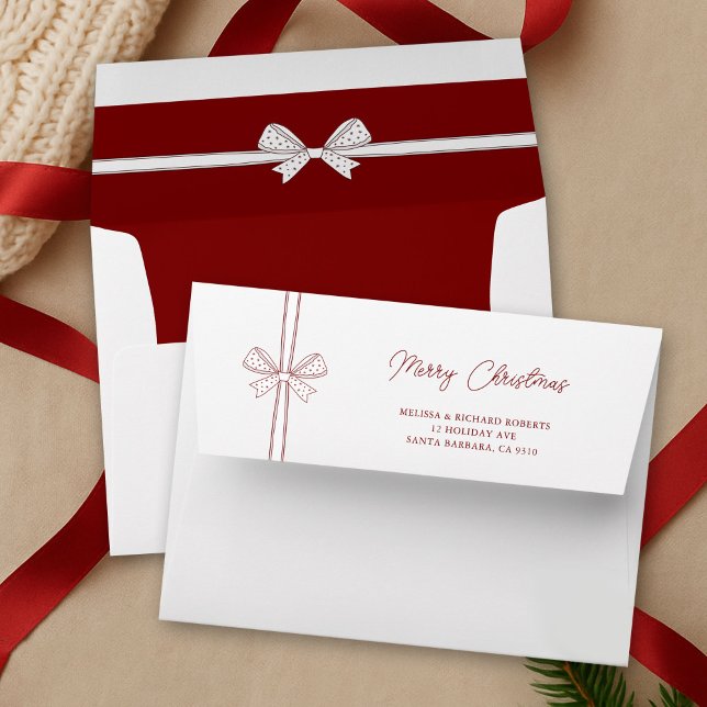 Elegant Whimsical Bows Red White Merry Christmas Envelope (Elegant ribbon and bow red and white Christmas envelopes)