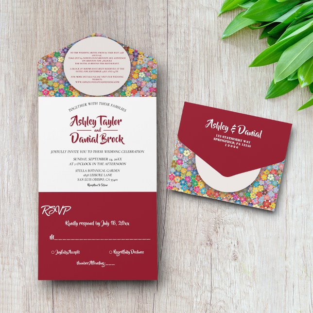 Elegant Whimsical Classy Burgundy Floral Wedding All In One Invitation (Creator Uploaded)