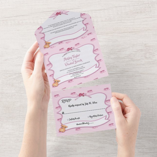 Elegant Whimsical Decorative Pink Modern Wedding All In One Invitation (Tearaway)