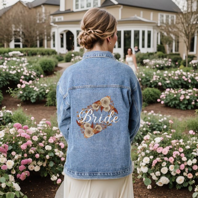 Elegant Whimsical Floral Bride Script Women's Denim Jacket (Wedding Back)