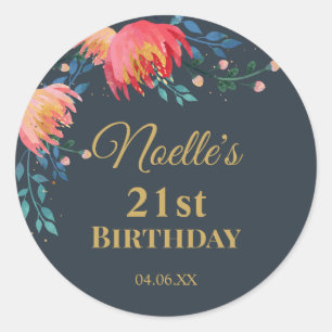 Elegant, Whimsical Flowers, Dark Blue, Gold Accent Classic Round Sticker