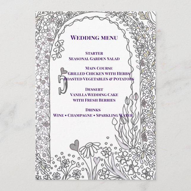 Elegant Whimsical Garden Door Wedding Menu (Front)