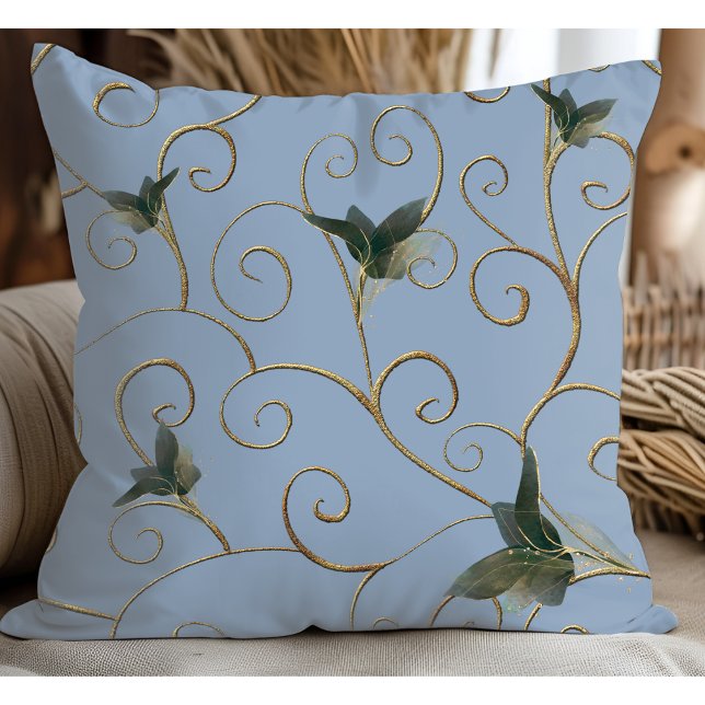 Elegant Whimsical Gold Floral Pattern Light Blue Cushion (Creator Uploaded)