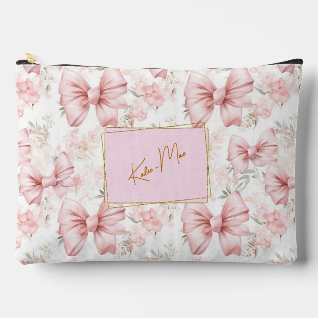 *Elegant Whimsical Personalized Coquette Bow Large Accessory Pouch (Front)