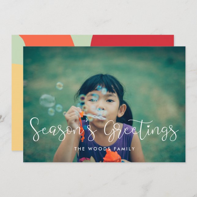 Elegant Whimsical Season's Greetings Family Photo Holiday Card (Front/Back)