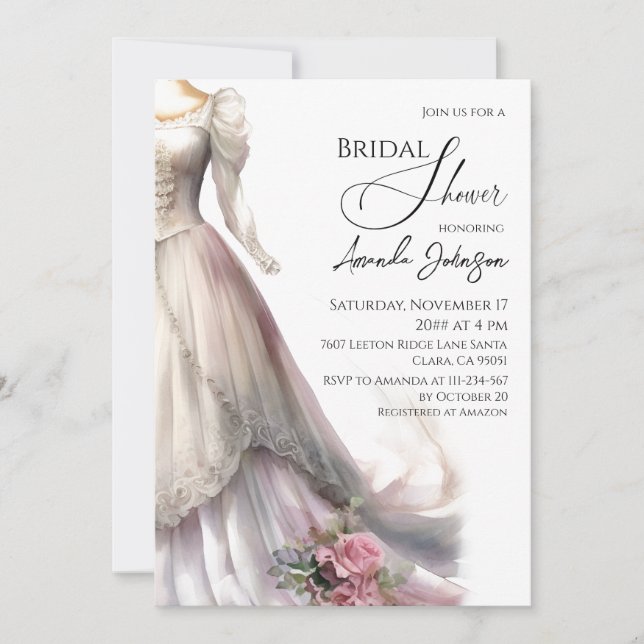 Elegant Whimsical Wedding Dress Bridal Shower Invitation (Front)