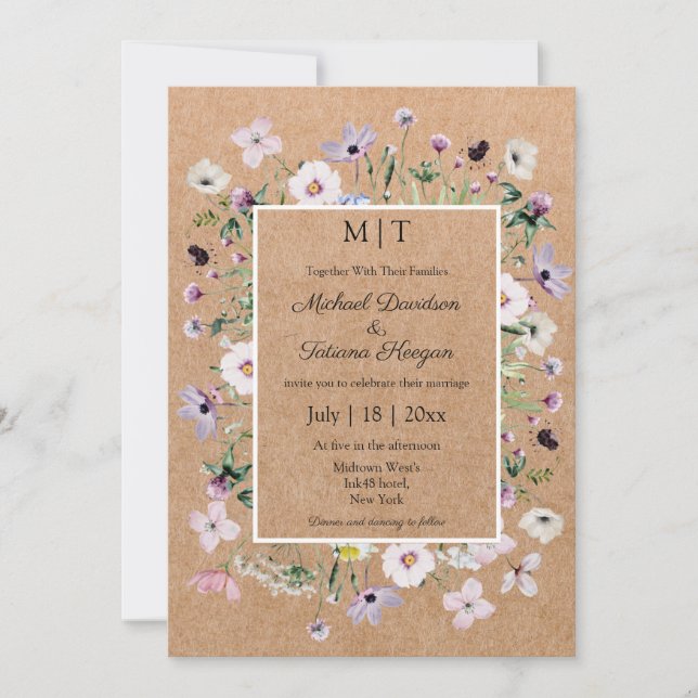 elegant whimsical wildflowers kraft wedding invitation (Front)