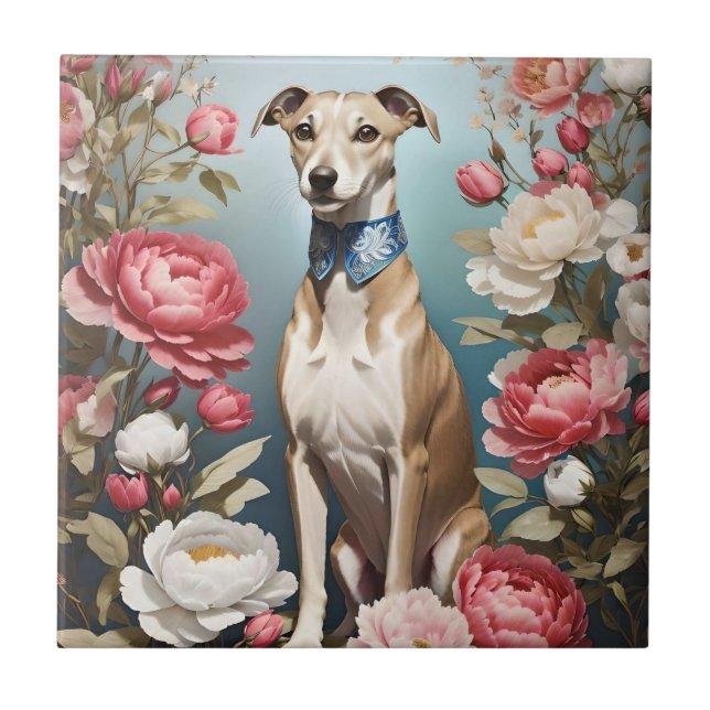 Elegant Whippet Pink Peony Flowers Blue Background Ceramic Tile (Front)
