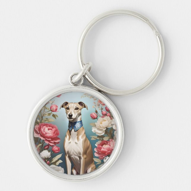 Elegant Whippet Pink Peony Flowers Blue Background Key Ring (Front)
